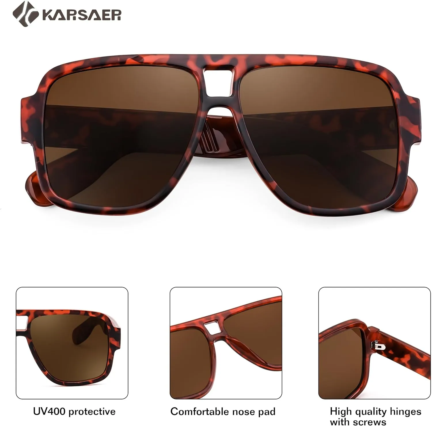 Karsaer Retro 70s Inspired Aviator Eyewear for Men and Women, Double Bridge Square Frame, Bold Pilot Design K7123