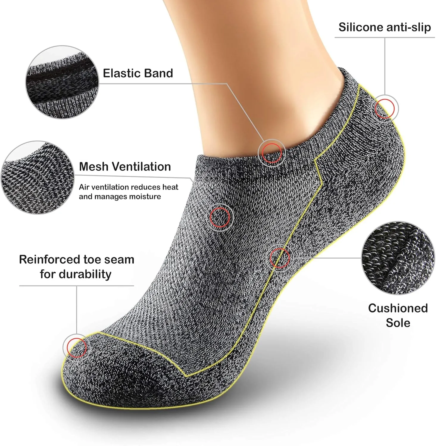 MONFOOT Men's/Women's 5 Pairs Cushion No Show Non slip Socks, Multipack
