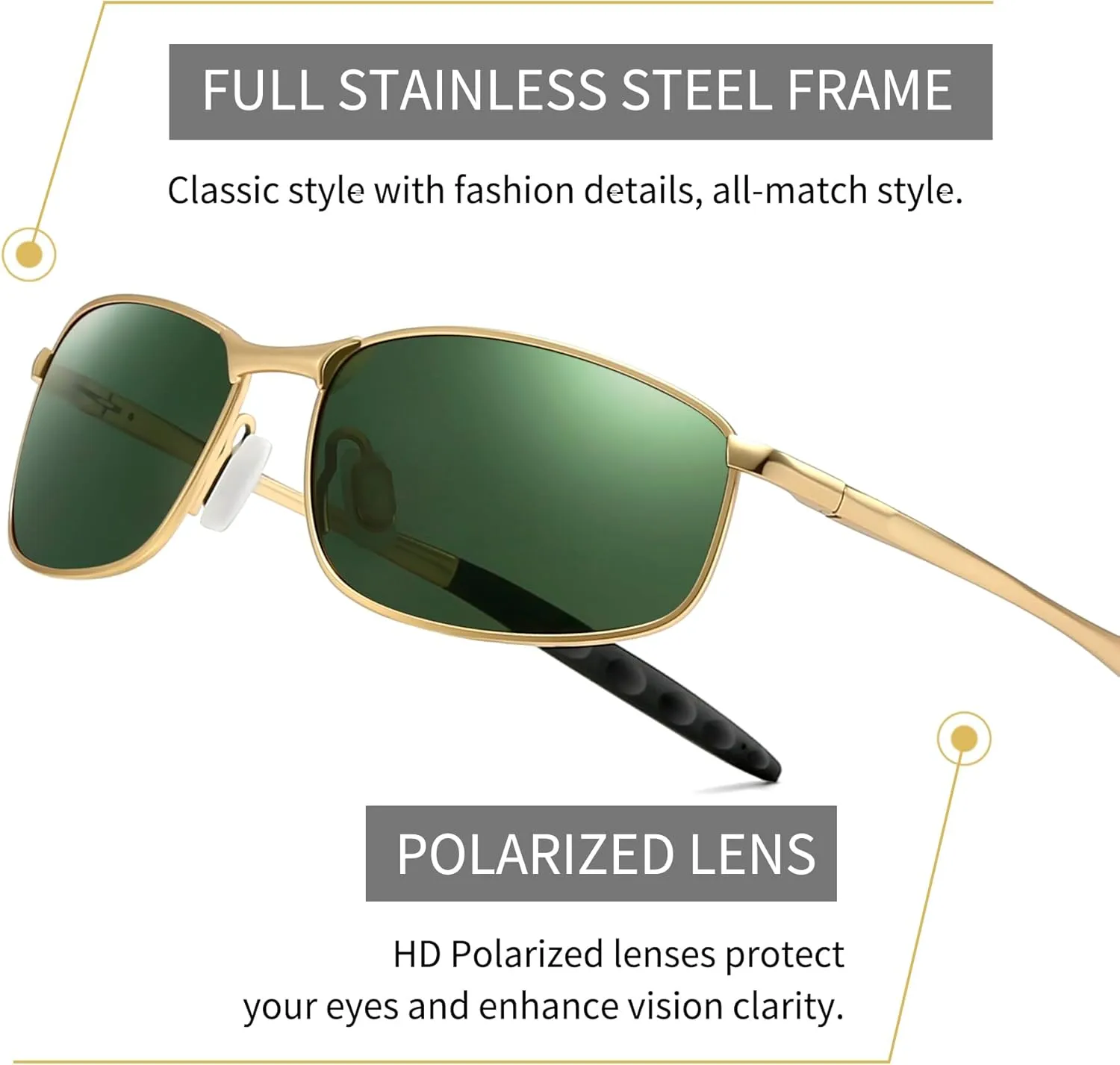 SUNGAIT Mens Narrow Polarized Sunglasses Metal Frame Small Rectangle Retro Durable UV400 Protection