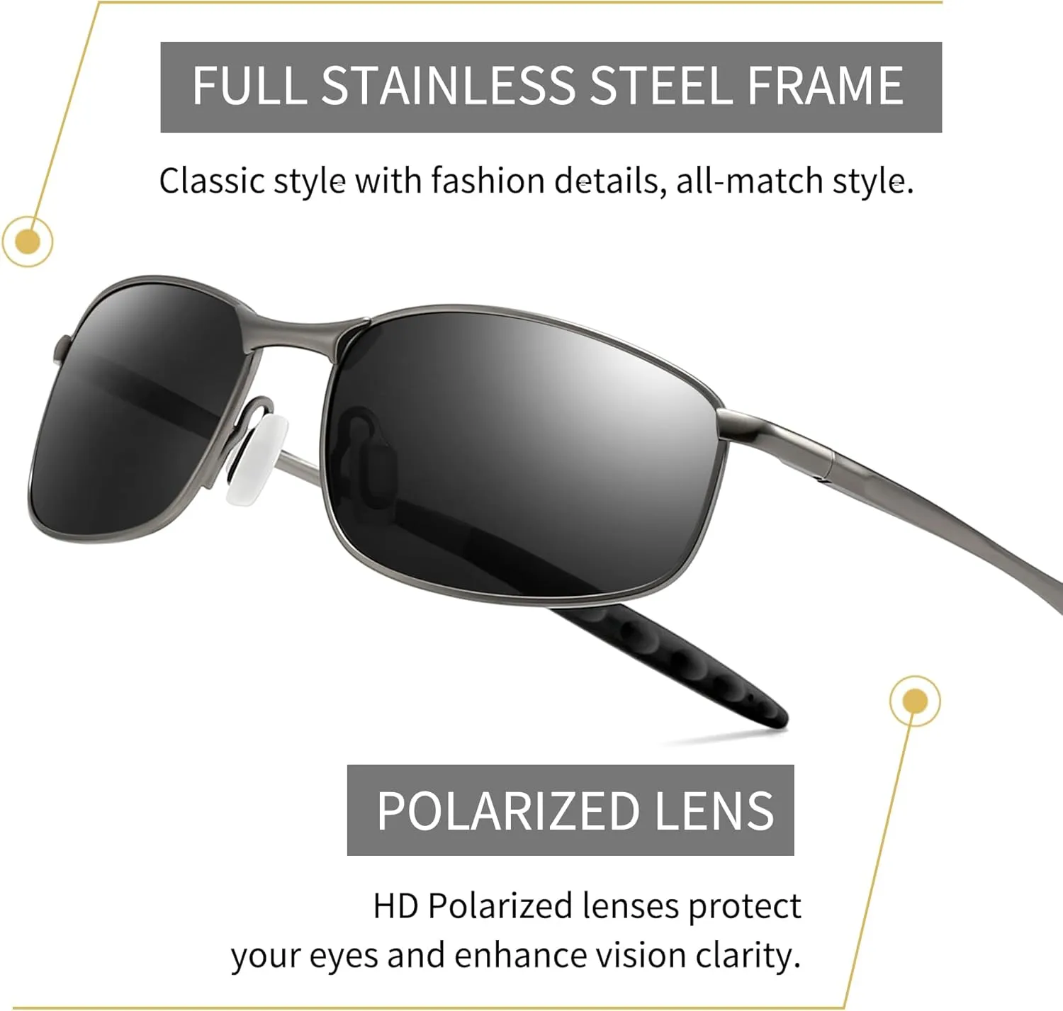 SUNGAIT Mens Narrow Polarized Sunglasses Metal Frame Small Rectangle Retro Durable UV400 Protection