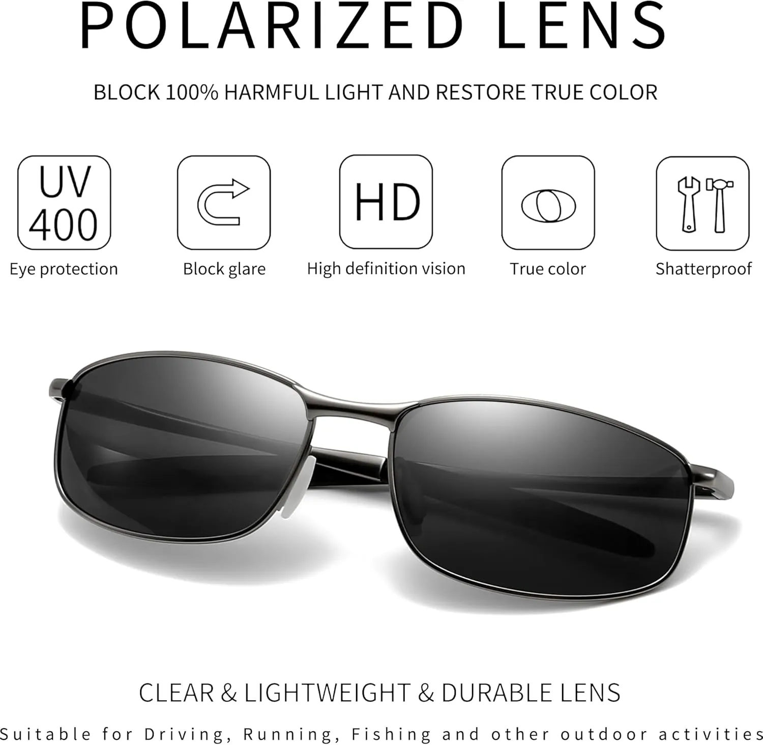 SUNGAIT Mens Narrow Polarized Sunglasses Metal Frame Small Rectangle Retro Durable UV400 Protection