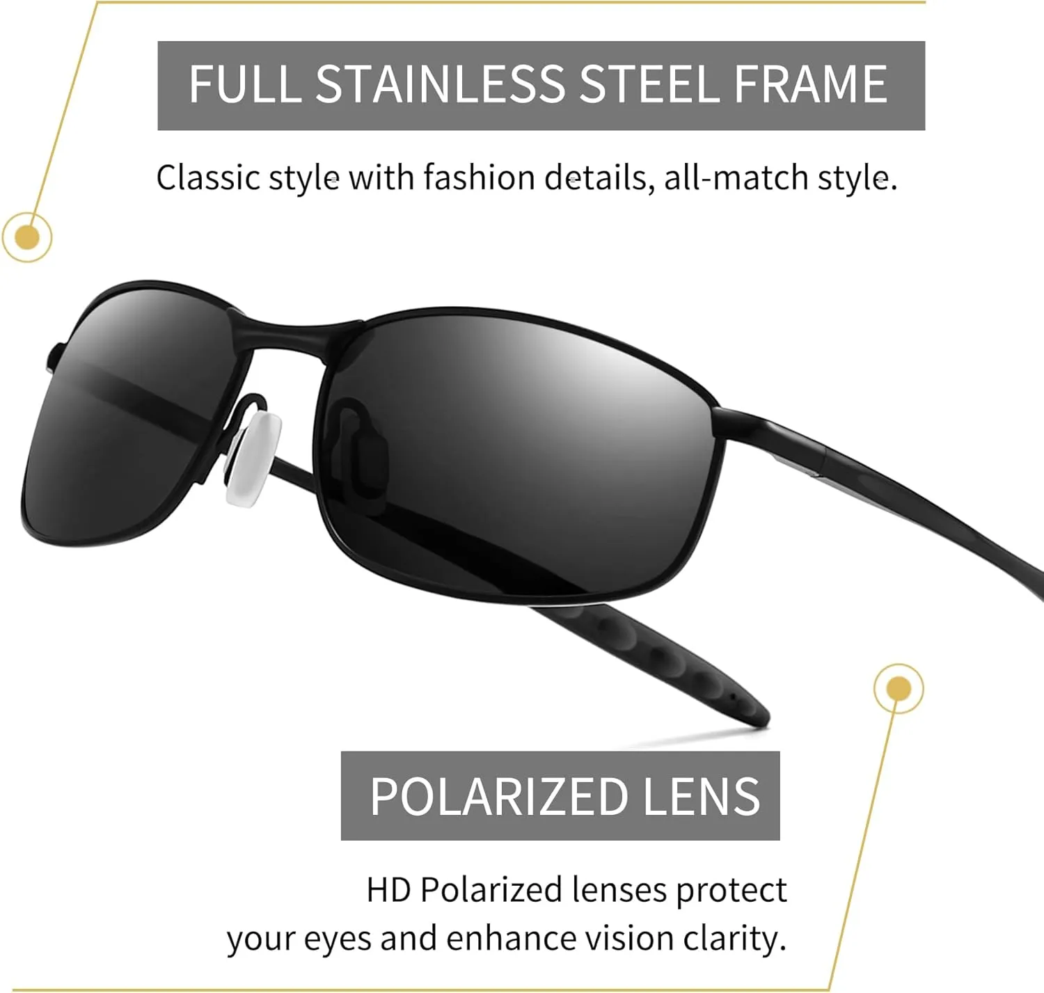 SUNGAIT Mens Narrow Polarized Sunglasses Metal Frame Small Rectangle Retro Durable UV400 Protection