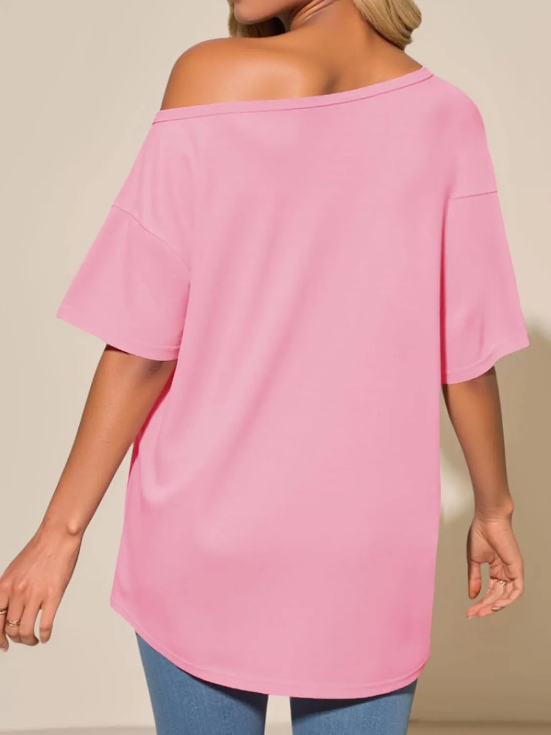 Tankaneo Womens Oversized Off The Shoulder T Shirt Cotton Short Sleeve Casual Tunic Tops Summer Loose Fit Flowy Tees