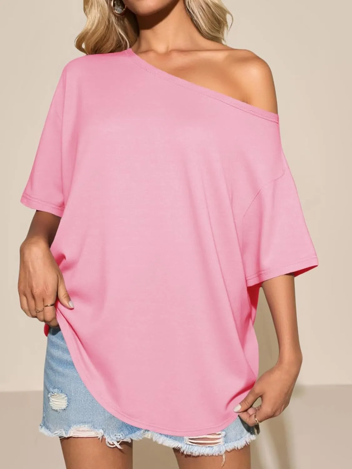 Tankaneo Womens Oversized Off The Shoulder T Shirt Cotton Short Sleeve Casual Tunic Tops Summer Loose Fit Flowy Tees
