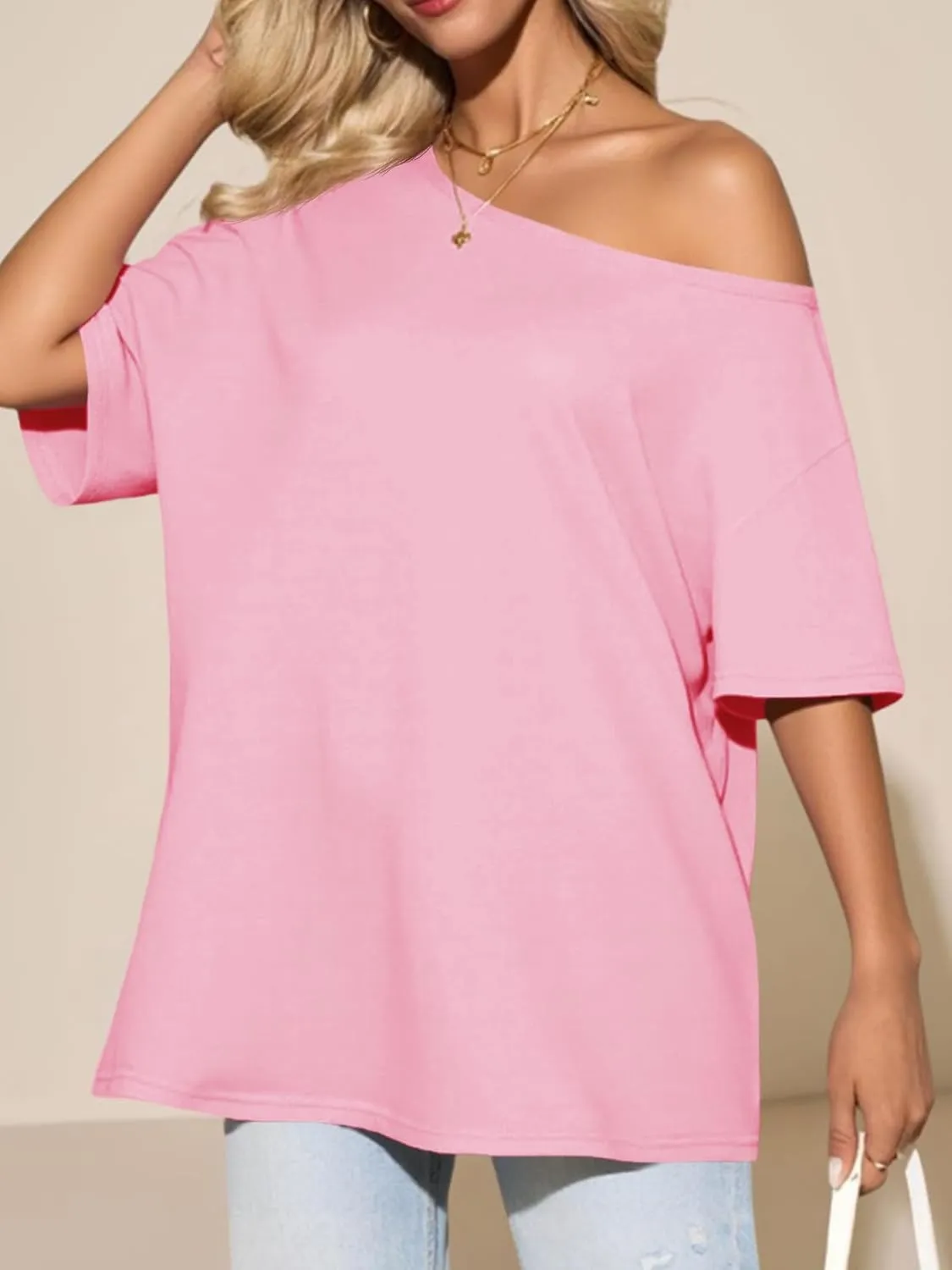 Tankaneo Womens Oversized Off The Shoulder T Shirt Cotton Short Sleeve Casual Tunic Tops Summer Loose Fit Flowy Tees