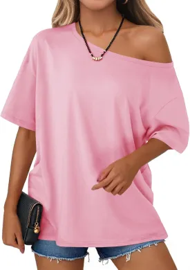 Tankaneo Womens Oversized Off The Shoulder T Shirt Cotton Short Sleeve Casual Tunic Tops Summer Loose Fit Flowy Tees