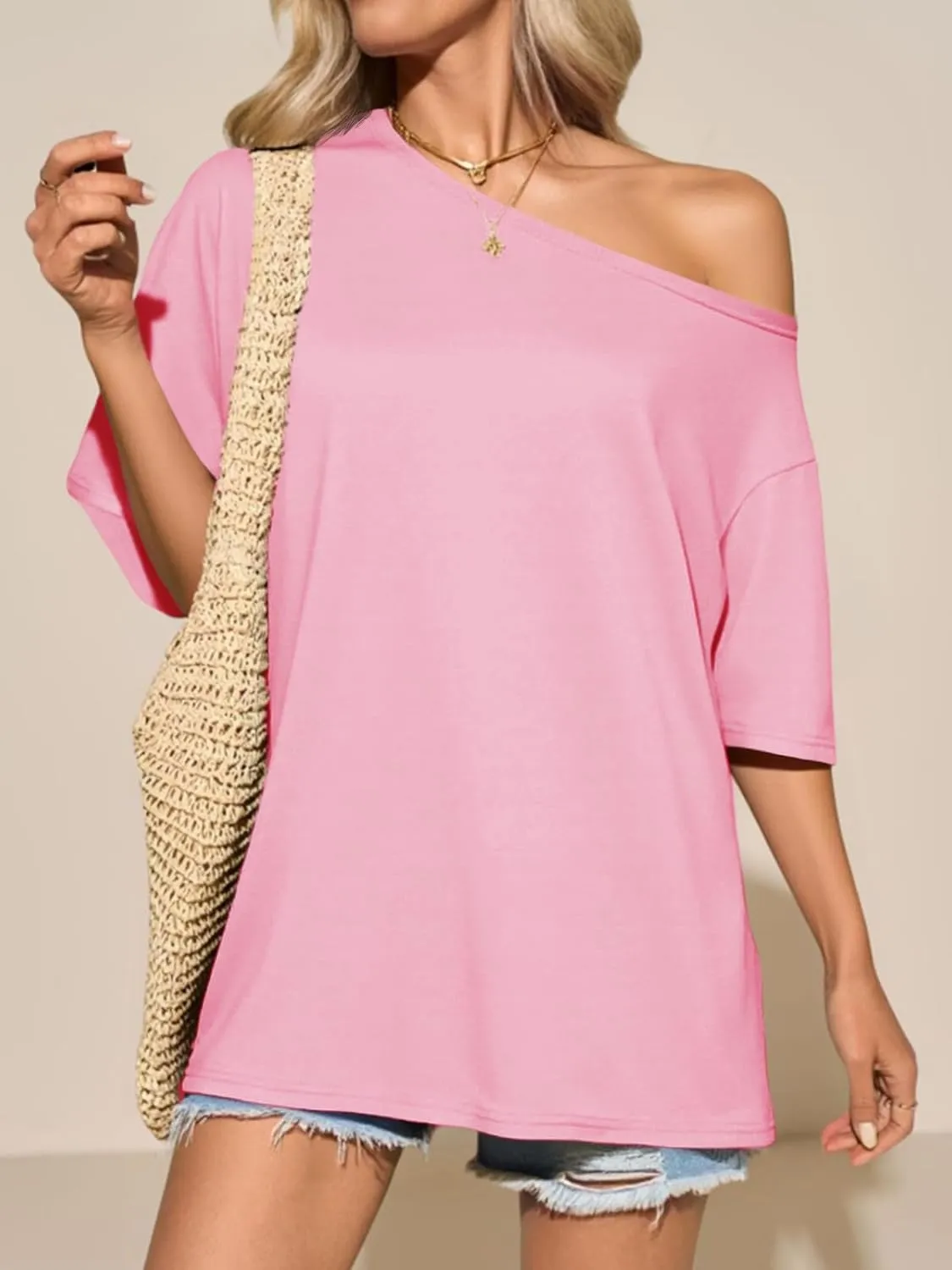 Tankaneo Womens Oversized Off The Shoulder T Shirt Cotton Short Sleeve Casual Tunic Tops Summer Loose Fit Flowy Tees